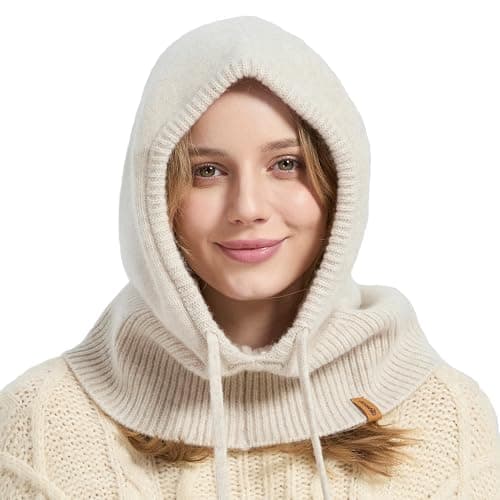 ACUSHLA Merino Wool Balaclava, Hooded Scarf Hat, Warm Winter Knit, Beige