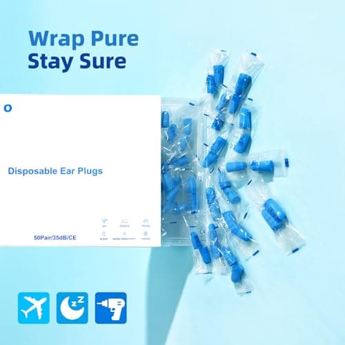 Foam Ear Plug for Sleeping, HOYIO 50 Pair 35dB Soft Earplugs for Noise Cancelling Hearing Protection Soring Blocking, Holiday Travel Cruise Flight Backpacking Work Study Essentials, Disposable, Blue — view 3