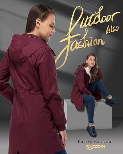 33,000ft Women's Rain Jacket Lightweight Hooded Long Rain Coat Waterproof Jacket Ladies Packable Functional Jacket Windbreaker Breathable Active Outdoor Coats Wine RedM/12 — view 3