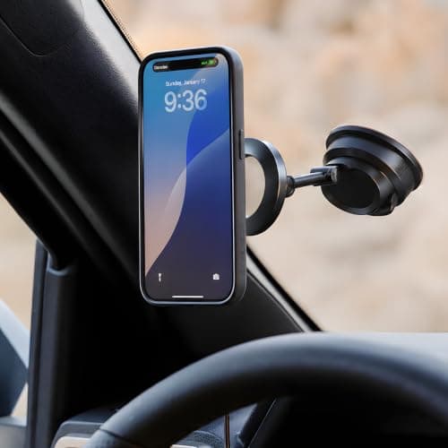 STRONG MAGNETIC Car Phone Holder | POWERFUL NANO Vacuum Suction on Windshield | For iPhone, Samsung, Pixel, Universal ROTATABLE 720° STICKS on Windscreen with Dashboard plate, 3 MAGNET RINGS, PORTABLE — view 2