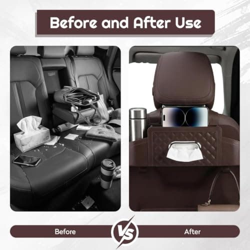 Car Seat Back Organizer with Cup Holder and Tissue Box, Plastic Multifunctional Storage Box for Car Travel Accessories, Cup Holders, Tissue Box and Hooks (Brown) — view 6