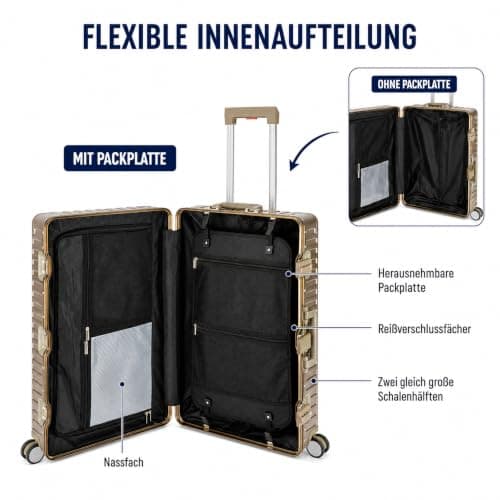 Aluminium Travel Suitcase Hard Shell Suitcase Trolley Suitcase Hand Luggage Telescopic Handle TSA, 4 Wheels, gold, Großer Koffer, Suitcase — view 4