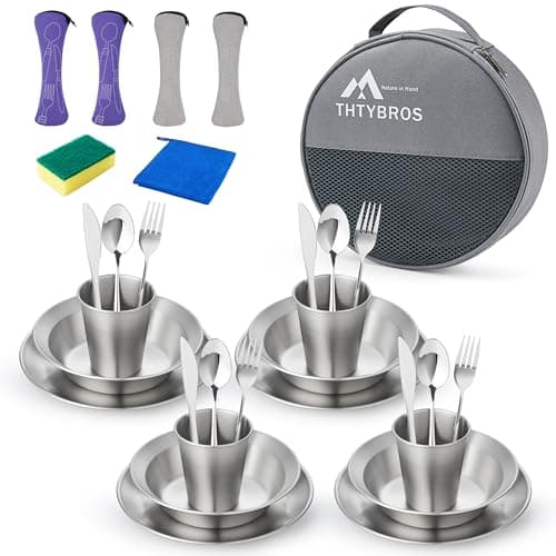 Stainless Steel Camping Mess Kit for 1-4 People,All-in-One Camping Cookware & Tableware Set with Plates,Bowls, Cups,Cutlery & Carry Bag,Outdoor Cooking Utensils for Camping,Backpacking,Hiking, Picnic