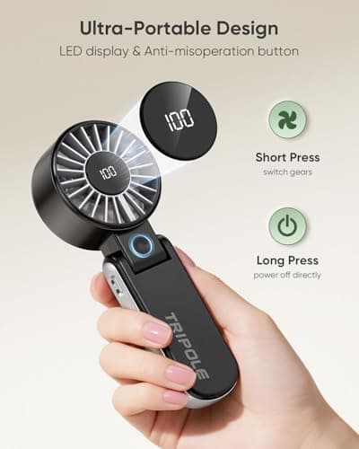 TriPole Handheld Fan, Portable USB Rechargeable Fan with 5 Speeds, Powerful Airflow, LED Display, 4000mAh Mini Personal Fans, Hand Fans Folding for Travel Holiday Table Outdoor Trip — view 6