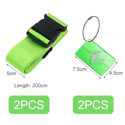 Luggage Strap (2 Pack), with 2 Luggage Tags, Custom Identification, Travel Bag Closure, For Connecting Luggage Together, Green — view 2