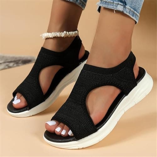 Wide Fit Orthopedic Sandals for Women Summer Slingback Wedge Sandals with Arch Support Casual Knit Mesh Soft Sandals Walking Platform Beach Shoes Comfy Slide Open Toe Sport Shoes — view 3