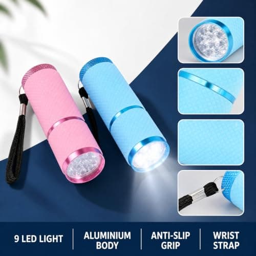 Voskilon 2 Pack Mini Torch Small Torch 9 LED Battery Powered, Glow in Dark Kids Torch with Lanyard, Compact Pocket Torch for Camping Hiking Walking Emergency Use, Aluminium Alloy Blue Pink — view 3