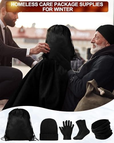 Suhine 72 Pcs Homeless Care Package Bulk Unisex Winter Gloves Beanie Hats Scarves Socks Coral Fleece Blankets Drawstring Bags, Black, Medium — view 5