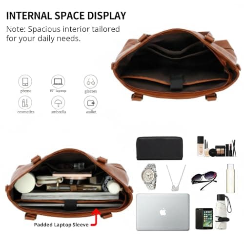 Aileese Laptop Tote Bag for Women 15 Inch Waterproof Leather Computer Briefcase Retro Large Capacity Handbag Work Shoulder Bag Crossbody Purse Black — view 3