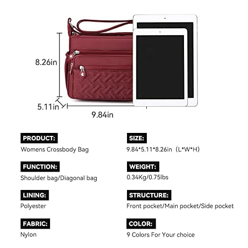 Womens Multi Pocket Casual Waterproof Crossbody Handbags Shoulder Messenger Bag for Travel Hiking Daily (Burgundy) — view 6