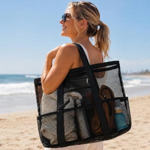Large Mesh Beach Bag for Women Lightweight Tote Bag with a Clear Wash Bags — view 3