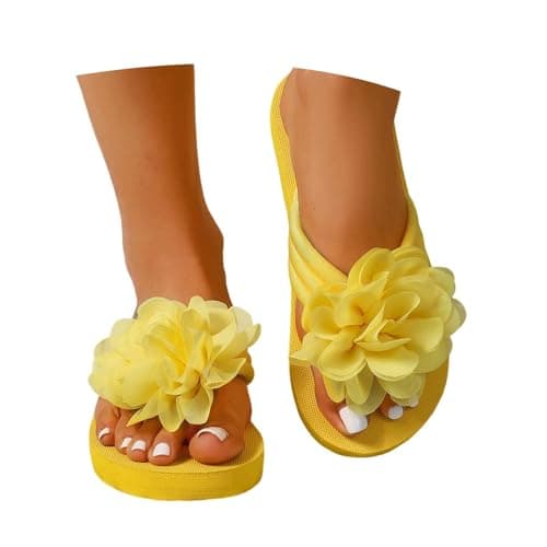 Flip Flop Sandals with Floral Design Flat Beach Slippers for Summer Casual Comfort and Outdoor Relaxation (Yellow, 5)
