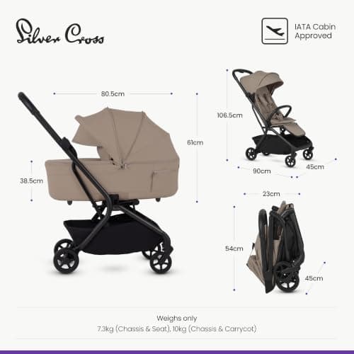 Silver Cross Nia Travel Stroller & Carrycot, Birth to 22kg, Champagne — view 6