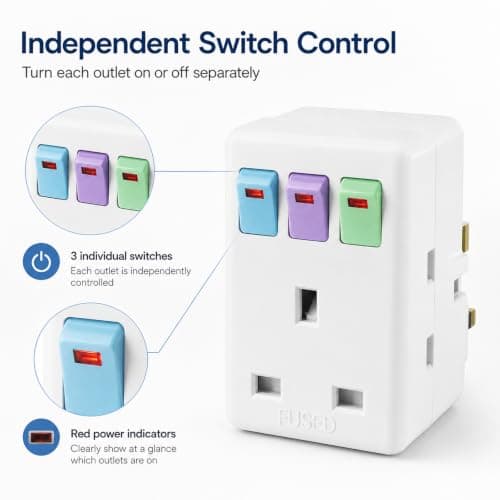 3 Way Plug Adapter UK, Multi Plug Adaptor with Individual Switches — view 5