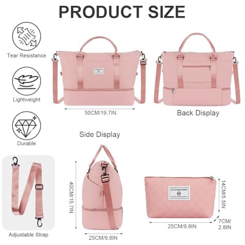 OSDUE Womens Gym Bag, 50L Large Travel Duffle Bags for Weekend Overnight with Wet Pocket, Toiletry Bag, Shoe Compartment, Cabin Luggage Holdall Bags for Hospital Sports, Pink — view 2