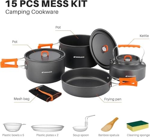 Odoland Camping Cookware Set Non-Stick Lightweight Camping Kettle Pots and Pans Mess Kit with Bowls Soup Spoon for Backpacking, Outdoor Cooking and Picnic for 4-6 People — view 3