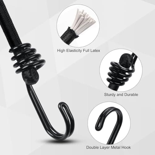 5-Pack Heavy Duty Bungee Cords with Hooks Weather Resistant Bungee Rope with Metal Double-J Hooks 8mm Thick Black Elastic Straps for Securing Luggage, Tarps, Tents and Outdoor Gear - 29.5” Long — view 4