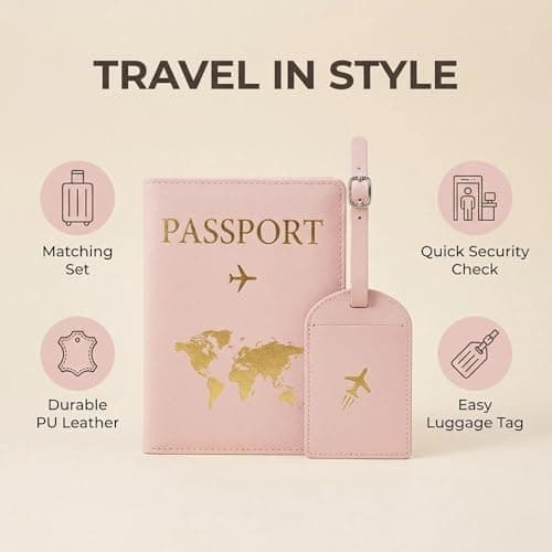 SINJAETRQ Passport Holder Travel Wallet RFID Blocking, PU Leather Travel Document Organiser with Luggage Tag,Document Organiser, Holiday Travel Essentials for Men & Women (Pink) — view 2