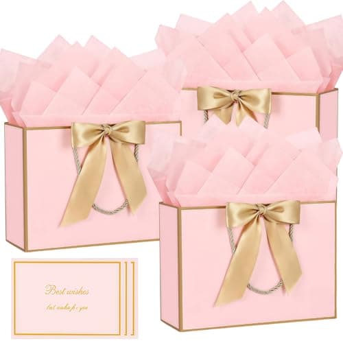 Pink Gold Gift Bags with Handles, 3pcs Medium Paper Present Bags with Bow Ribbon Tissue Papers and Greeting Cards, 28 * 20 * 10cm Gift Bag for Christmas Birthday Wedding Valentines Bridesmaid