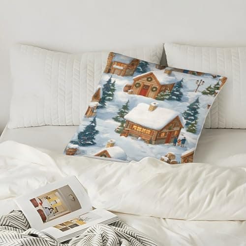 Winter Village Scene Organic Cotton Cozy Cabin StylePillow Slip Set of 2 Hypoallergenic UK Standard Size Kids Toddler Double Bed Ultra Soft No Pilling Gift Giving 40x40cm — view 5