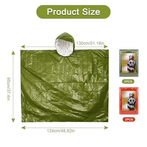 BaBahuanhuan Emergency Survival Poncho (4pc) Thermal Mylar Foil Coating Blanket for Heat Retention and Rain | Reversible with Hood | Waterproof, Windproof, Portable, Hands-free (Orange, Green) — view 2