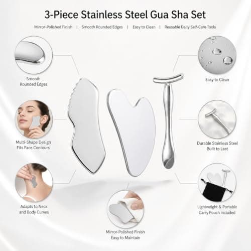 Gua Sha Tool Face Set Stainless Steel 3 Pack with Storage Bag Silver — view 2