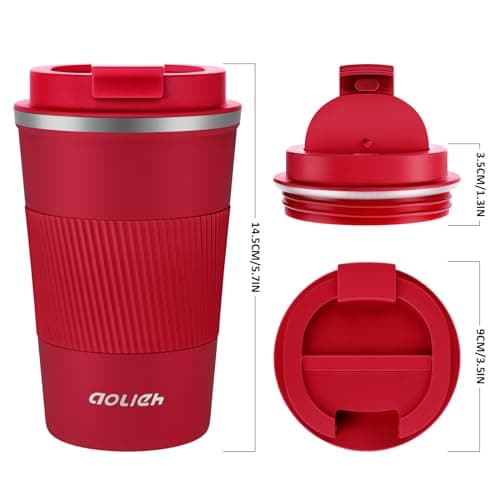Aolieh Travel Mug 380 ml, Insulated Coffee Cup with Lid, Reusable Stainless Steel Thermal Cup for Coffee, Tea & Cold Drinks, Leak-Resistant Double-Walled Travel Mug, Red — view 6
