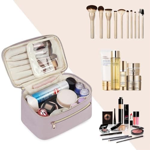 Travel Makeup Bag, Large PU Leather Cosmetic Case with Brush Compartment, Purple — view 6