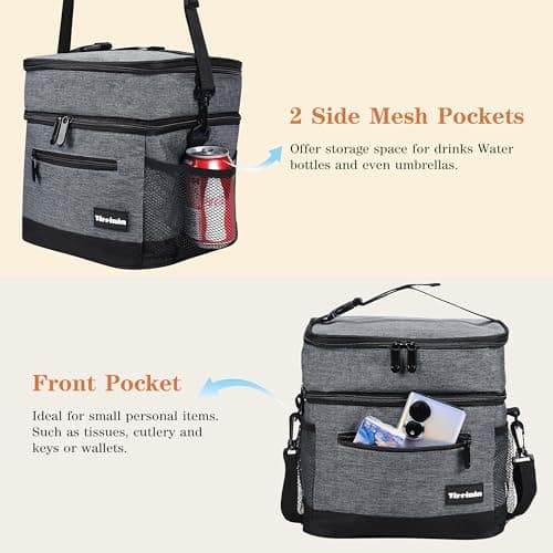 Kato Tirrinia Insulated Lunch Bag 17L(23 Cans), Large Compartment Cool Bag Thermal Tote Bags for Lunch Work School Camping Picnic, Foldable Cooler Bag for Meal Prep or Lunch Box Container, Charcoal — view 6