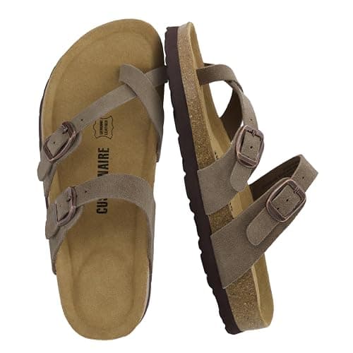 CUSHIONAIRE Lucky 100% Genuine Leather Suede Womens Sandals, Comfortable Cork Footbed Slides for Women with Adjustable Buckles, Brown, 6