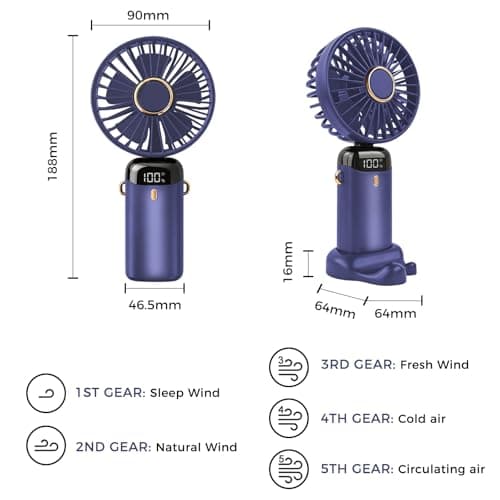 Jsdoin Hand Held Fan,Portable Handheld USB Rechargeable Fans with 5 Speeds,Battery Operated Mini Fan Foldable Desk Desktop Fans with LED Display for Home Office Bedroom Outdoor Travel (WathetBlue) — view 3