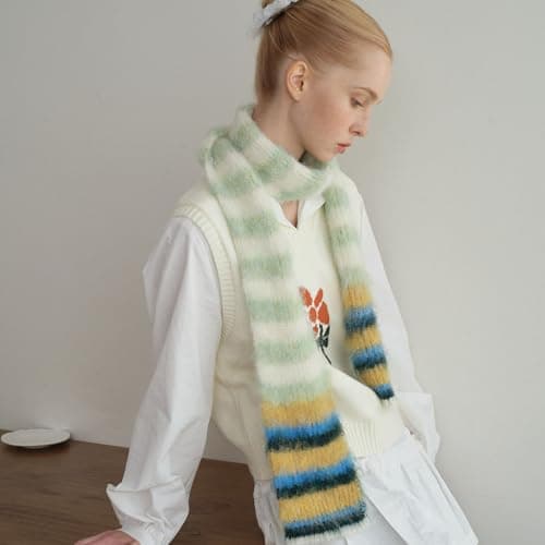 Maxtonser Color Blocking Stripe Knit Scarf Soft Knitting Fabric Neckerchief Lightweight Unisex Winter Accessory, for Family Travel — view 5