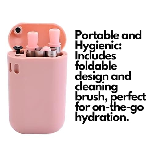 2 x His and Hers Collapsible Straw with Travel case (Stainless Steel) | Pink and Blue Foldable Straws | Reusable Environmentally Friendly Drinking Straw with Bonus Cleaning Brush | Portable Metal — view 2