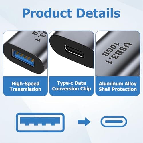 USB 3.1 Female to USB-C Female Adapter 10Gbps Data Transfer with 3A Quick Charging A to C Converter Aluminum Alloy Universal for Laptop PC Phone Tablet Travel USB-C Gadgets & Hard Drive Storage — view 3