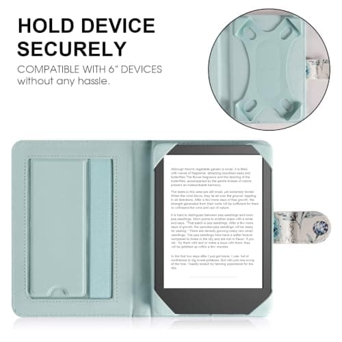 HoYiXi Universal Case For 6 inch eReader,Compatible with Kindle/Kobo Clara HD/Kobo Clara 2E/Paperwhite/PocketBook/Tolino eReader,with HandStrap/Kickstand, Cover Case for 6'' eReaders,Blue Rose — view 2