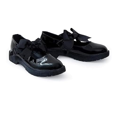 Girls Patent Black Mary Jane School Shoes with Bow On Strap - Toddler Kids Back to School Comfortable Anti-Slip Uniform Flat Shoes UK-5uk — view 5