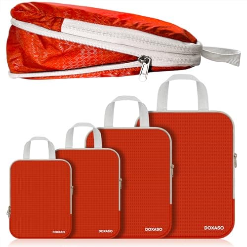 Doxaso Compression Packing Cubes Ultralight Expandable Suitcase Organiser Bags Water Repellent Travel Organiser for Backpack 4 PCS (A-Orange-4 Pcs, 4 PCS)