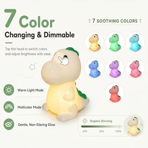 Kids Night Light Squishy Dinosaur Nightlight for Kids Room 7 Color Changing Children Bedside Lamp Portable Rechargeable Touch Dimmable Baby Silicone Cute Night Light Dinosaur Lamp for Boys Girls — view 5