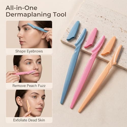 Eyebrow Razor 27-Pack, Multipurpose Dermaplaning Tool with Safety Cover, Eco-Friendly Wheat Straw Handle & Precision Stainless Steel Blades for Men & Women (Blue, Pink, Orange) — view 3