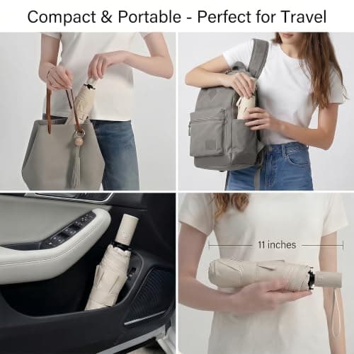 BAODINI Small UV Protection Travel Umbrella Compact for Rain and Sun UPF 50+ Windproof Portable 42 inch Umbrella for Women and Men Pink && Beige — view 5