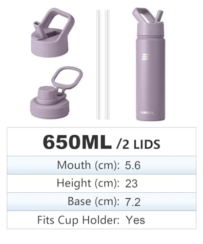 SUNWILL Metal Water Bottle with Straw Stainless Steel, 650ml Insulated Leakproof Thermal Flask for Cold and Hot Drink, Travel, Sports, Gym, Muted Violet — view 4