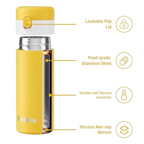 Exllena Small Insulated Water Bottle with Push-Button Lid – 220ml Mini Flask, Leakproof Mini Water Bottle for Coffee, Milk, Travel, School & Office Use(Yellow & White) — view 6