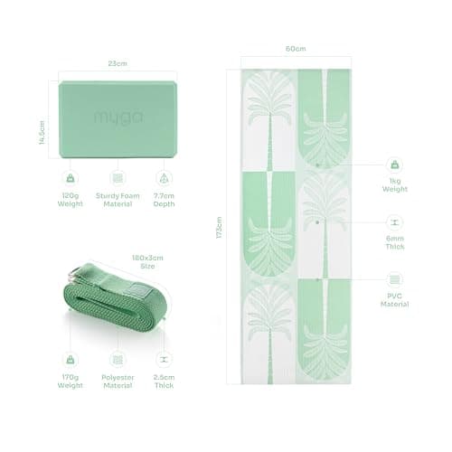 MYGA Yoga Starter Set - 6mm Non-Slip Yoga Mat, Yoga Block and Strap - Starter Kit for Beginners in Pilates, Exercise and Fitness - Choice of Design (Sage Palm) — view 2
