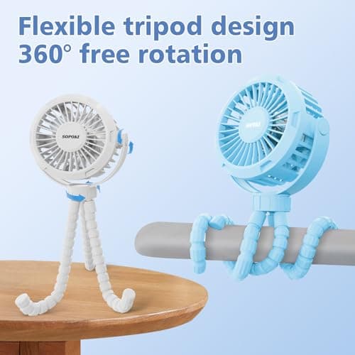 SOPOKE Mini Portable Baby Stroller Fan,3 Speed Personal Handheld Fan,Battery Operated Rechargeable 360° Flexible Tripod Cooling Fan, Suitable for Car Seat Crib Treadmill Golf Cart Travel(Yellow) — view 2