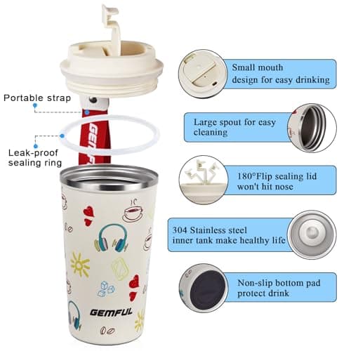 GEMFUL 510ml Stainless Steel Insulated Travel Mug, Leak-Proof Coffee Cup — view 5