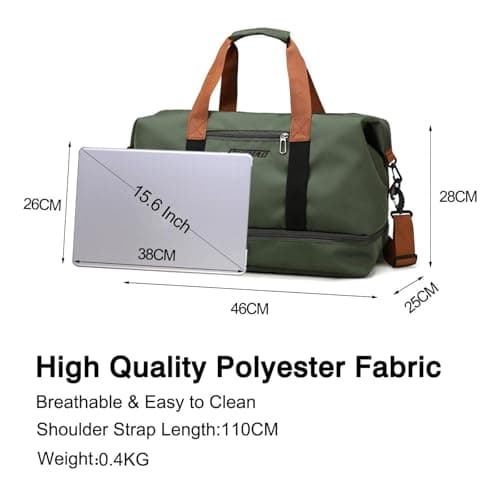 HUANYO Multifunctional Sports Gym Travel Duffel Bag for Men Women, Weekend Carry On Overnight with Shoe Compartment & Luggage Sleeve, Black/Green/Khaki (Olive drab) — view 2