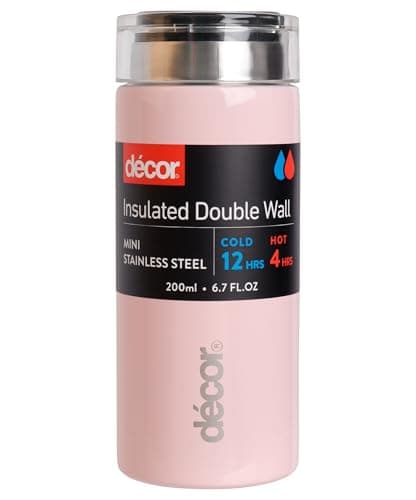 Décor Double Wall Stainless Steel Mini Travel Mug - Keeps 4 Hours Hot - 12 Hours Cold - Car Cup Holder Compatible - Removable Screw Top Lid - 200ml Dusty Pink.