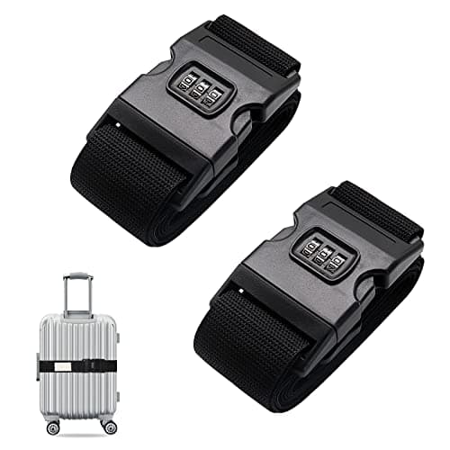 Luggage Strap, 2pcs Suitcase Straps with Password Lock Information Card, Adjustable Travel Packing Accessories Suitcase Belts with Buckle (Black, 2 PCS Set)