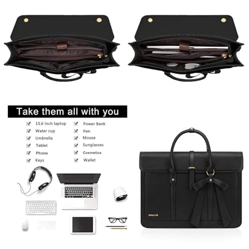 MOSISO Laptop Bag for Women,16 inch PU Leather Computer Bag, Black — view 4