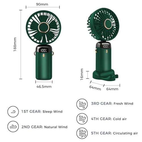 Jsdoin Hand Held Fan,Portable Handheld USB Rechargeable Fans with 5 Speeds,Battery Operated Mini Fan Foldable Desk Desktop Fans with LED Display for Home Office Bedroom Outdoor Travel (Green) — view 3